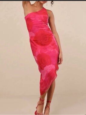 Lulu's One-Shoulder Rose-Print Pink Sheath Dress